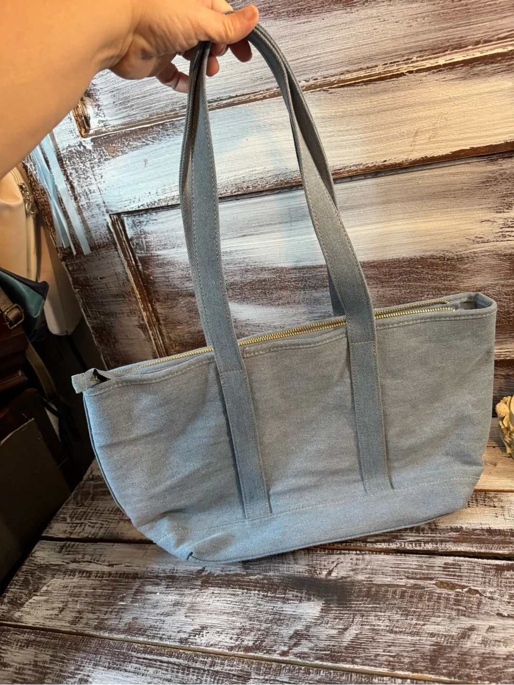 Nanette Lepore Light Blue Canvas Shoulder Tote with Gold Emblem